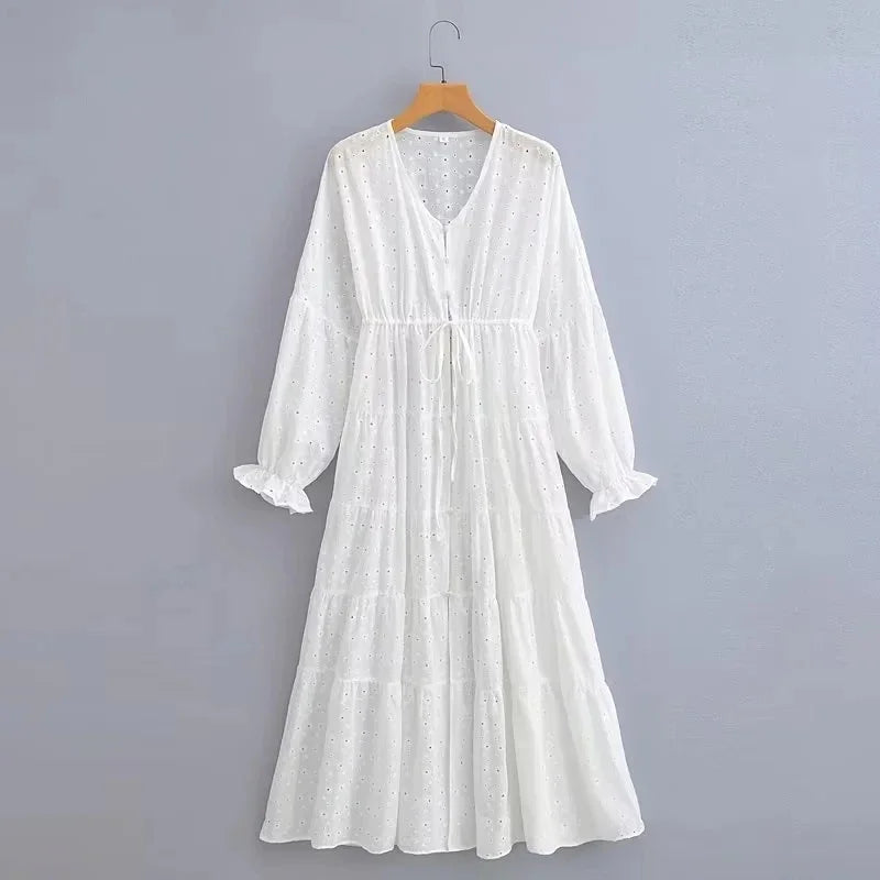 YESMYTOOL  -  White Lace Maxi Hollow Out Kimono Beach Outfits for Women 2024 Lantern Sleeve Buttons Cover-ups Beach Dress Summer