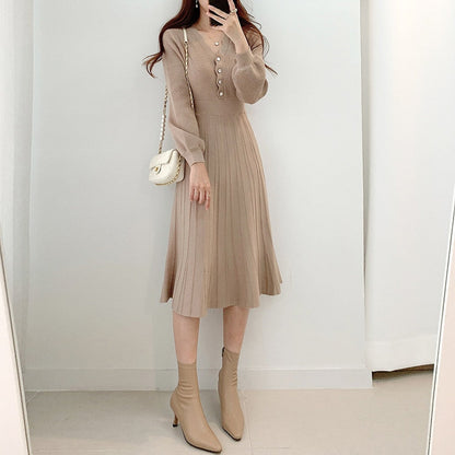 Vintage One Piece Korean Pleated Dress Long Sleeve Slim Woman Sweater Dresses Knitted Elegant Midi Party Woman Dress Autumn