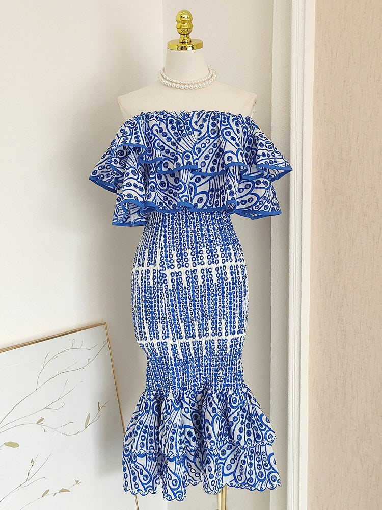 Retro Blue Printed Hollow Out Design Slim Fit Ruffles Patchwork Strapless Sleeveless Dress Beach Holiday Dresses Autumn