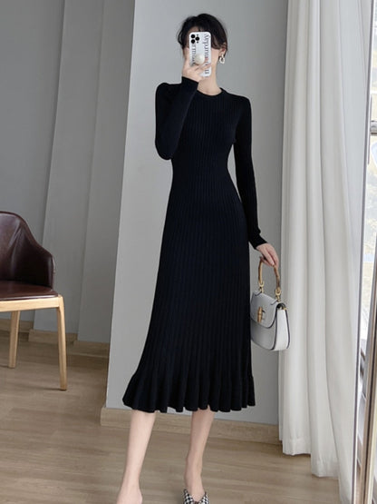 Thick Mermaid O-Neck Long Sweater Maxi Dress for Women Elegant Casuals Female A-line Slim Sexy Knitting Dress Autumn Winter