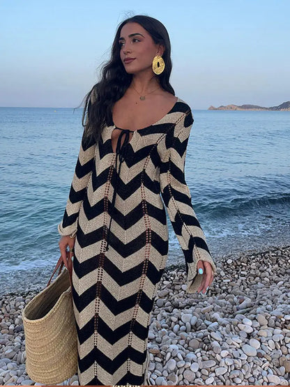 Knitted Striped Color Blocked Lace Up Women's Dress Elegant V-neck Slim Fit Long Sleeve Robes Summer New Female Beach Vestidos