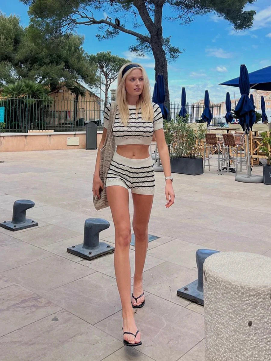 dingdamall  - Striped Knit 2 Piece Set 2024 New O Neck Slim Short Sleeve Cropped Tops+Shorts Sets Summer Casual Beach Holiday Hollow Out Suits