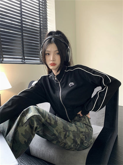 Y2K Vintage Zip Up Cropped Hoodie Women Korean Fashion Striped Black Jackets Female Kpop Egirl Harajuku Sweatshirt Sping