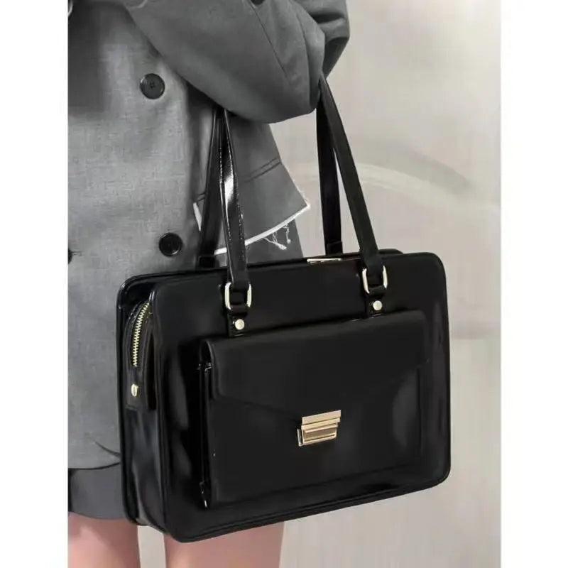 Vintage Black Shoulder Bag Briefcase Women Preppy Style Pu Leather Jk Handbag Ladies Large Capacity Casual Handbags Y2k