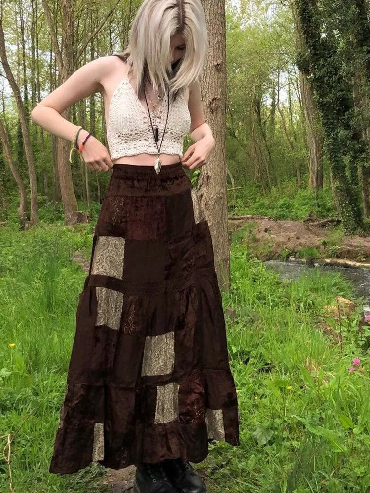 y2k Cute Party Long Skirts Printed Boho Grunge Fairyore Retro Skirts Kawaii Holiday Brown Pleated Skirts Women Elegant