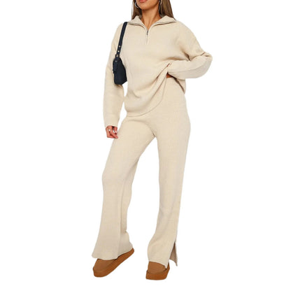 Women's trouser suits spring and autumn long sleeved sweaters short zipper stand collar casual street clothes Cosy Pants Set