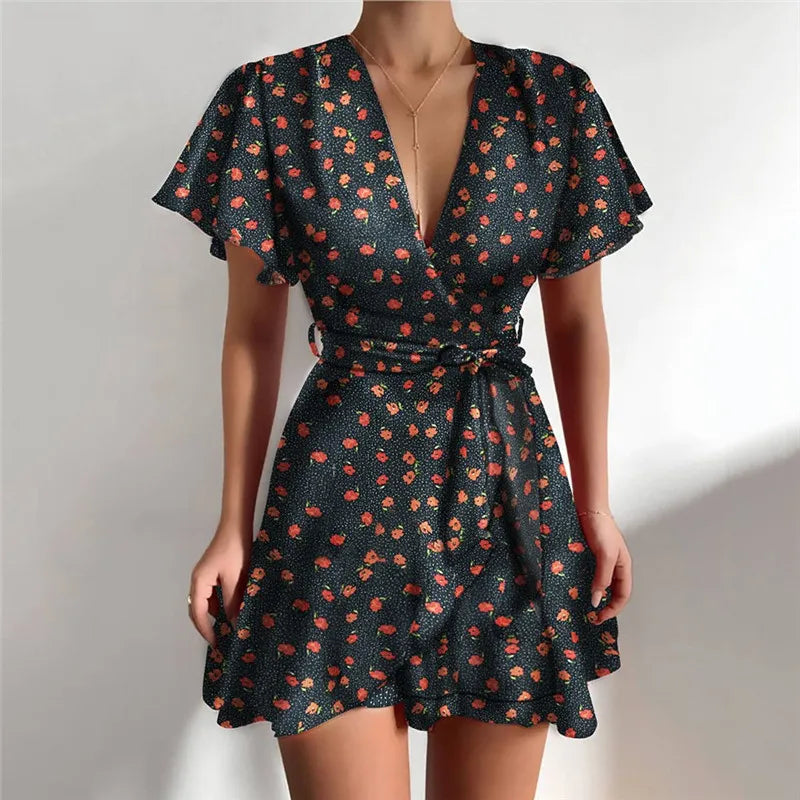 Summer V-Neck Ruffle Women Dress Belt Wrap Print Mini Dress Sexy A-Line Dress Casual Beach Sundress Sweet Elegant Short Dress