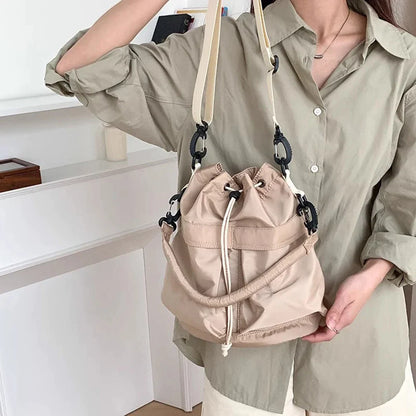 Bucket Bag for Women Nylon Solid Color Crossbody Bag Fashion Drawstring Top-handle Handbag Casual Large Capacity Commute Bag