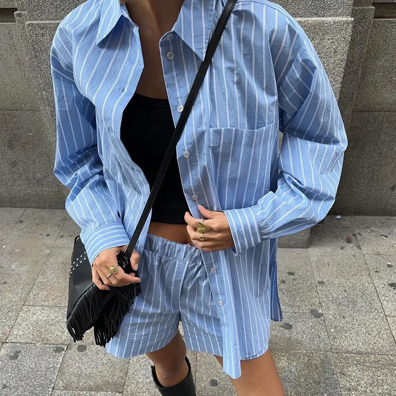 dingdamall  -  Blue Pocket Striped Shorts Sets Women Single Breasted Long Sleeve Blouse+Elastic Waist Casual Short Pant 2 Piece Set 2025 Spring