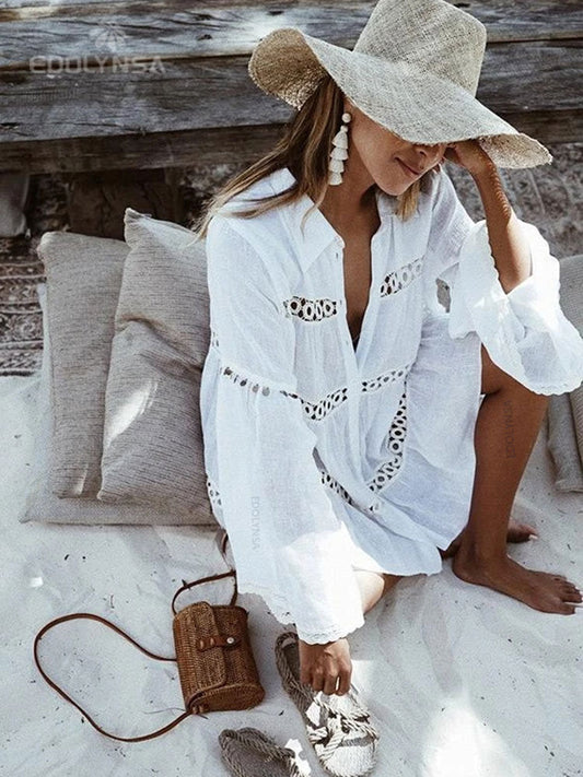 Women Swimsuit Cover Ups Mandarin Sleeve Kaftan Beach Tunic Dress Robe De Plage Solid White Pareo Beach Cover-ups dingdamall mid size graduation outfit romantic style teen swag clean girl ideas 90s latina aesthetic