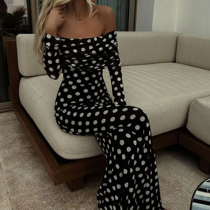 YESMYTOOL  -  Women Polka Dot Printed Off Shoulder Patchwork Maxi Dress Female Slim Fit Long Sleeves Vintage Vestidos Chic Lady Elegant Robe