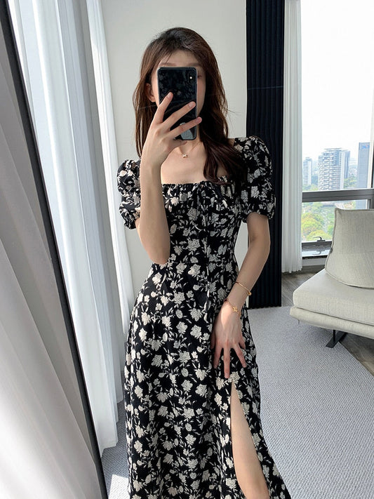 Vintage French Sexy Bodycon Black Floral Square Collar Office Lady Midi Chiffon Dress Women Party Elegant Clothes Summer