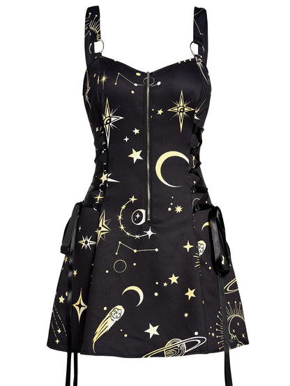 Celestial Sun Moon Print Lace Up Mini Dress Summer Gothic Women Square Neck Witchcore Vestidos