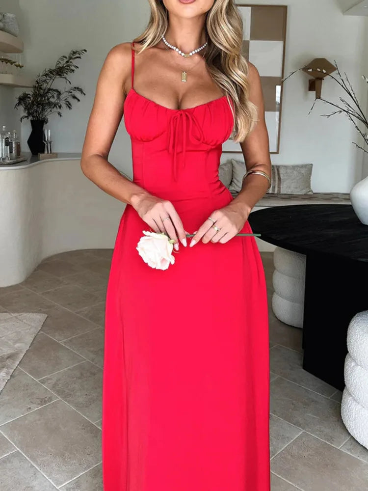 Spaghetti Strap Backless Pleated Long Dress For Women Fashion Lace Up Sleeveless A-line Loose Sexy Maxi Dress