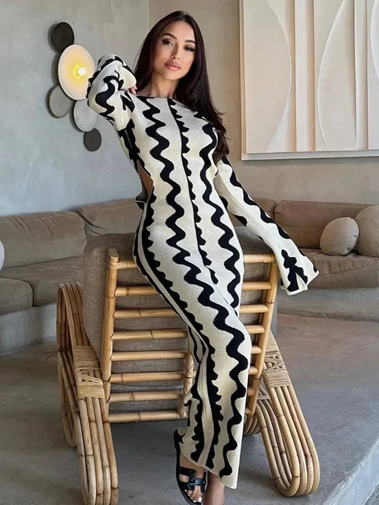 Striped Contrast Color Knit Maxi Bodycon Dress Boho High Waisted Hollow Out Slim Dresses Women Holiday Dresses Vestidos