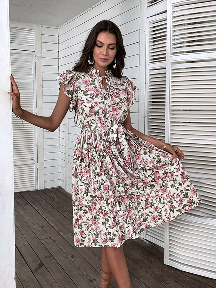 Women's Summer Vintage Dress Printed  Mediumn Long White Chic Floral A Line Dress