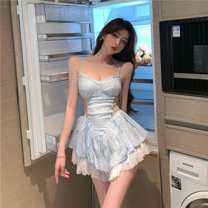 Elegant Lace Patchwork Blue Strap Dresses Summer New Slim Fit Dress for Women Y2k E-Girl High Waist Ruched Vestidos Mujer