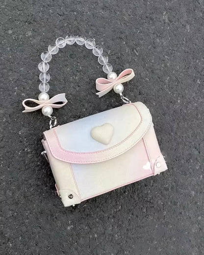 Sweet Pink Messenger Bag Women Fairycore Aesthetic Handle Pearl Chain Crossbody Bags Ladies Harajuku Heart Y2k Hand Bag