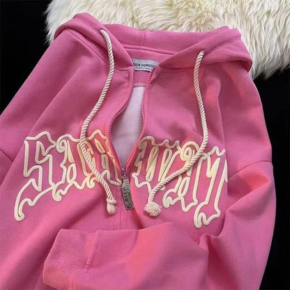 Women Letter Embroidery Hoodies Men Zipper Long Sleeve Loose Hooded Sweatshirts Autumn Winter Retro Pocket Oversize Jacket Coats