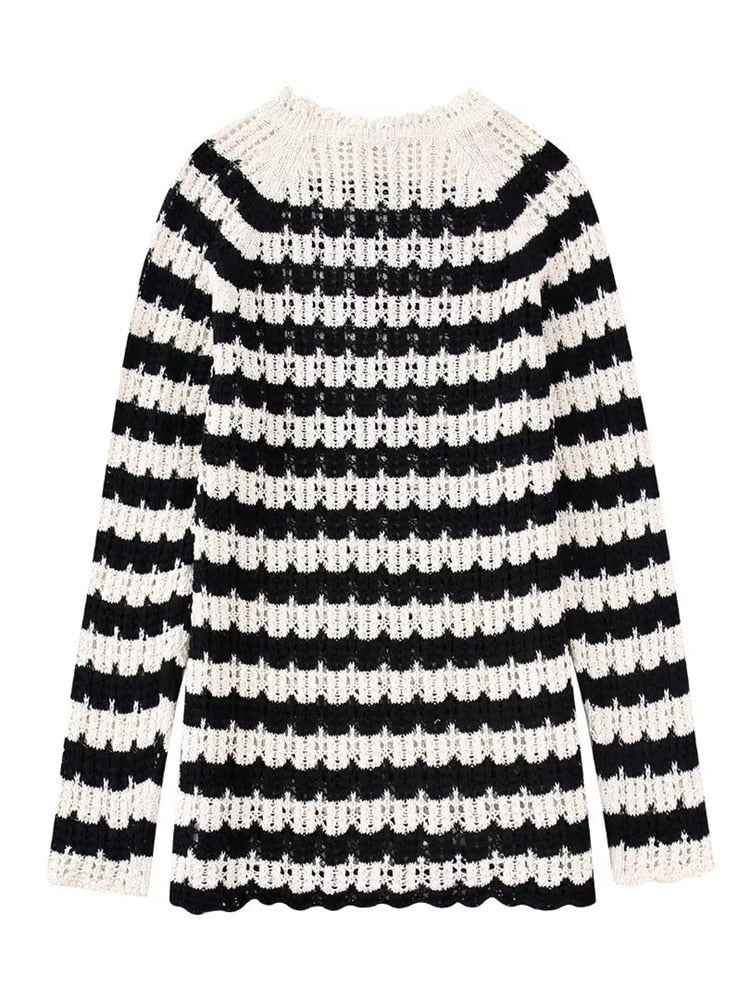 Black White Striped Knitted Short Dress Autumn Woman Hollow Out Crochet Dresses Female Fashion High Street Knit Mini Dress