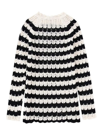 Black White Striped Knitted Short Dress Autumn Woman Hollow Out Crochet Dresses Female Fashion High Street Knit Mini Dress