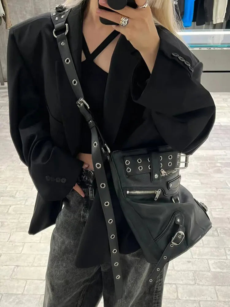 High Street Vintage Handbag Women New Rivet Large Capacity Casual Crossbody Bags Ladies Moto Biker Black Messenger Bag