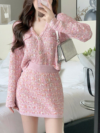 Two Piece Dress Set Sweet Cardigan Sweater + Slim Skirt Pink Elegant Y2k Mini Dress Autumn Office Lady Casual Knitted Suits