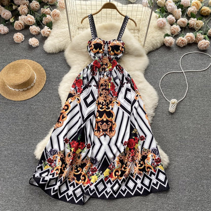 Summer Dress Women Runway Rose Flower Bohemian Spaghetti Strap Floral Print Backless Vacation Party Maxi Dresses