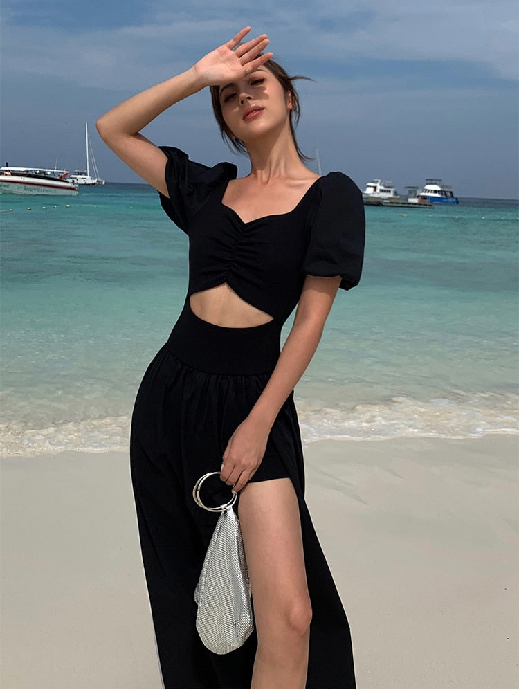 Summer Black Vintage Y2k Dress Women Solid Sexy Split Party Midi Dress Female Casual Korean Fashion Designer Retro Dress