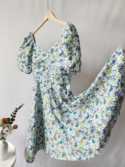 Sweet Floral Print Dresses for Women Summer Sexy Slim Holiday Beach Dress Pure Cotton Puff Sleeves Deep V Neck A Line Dress