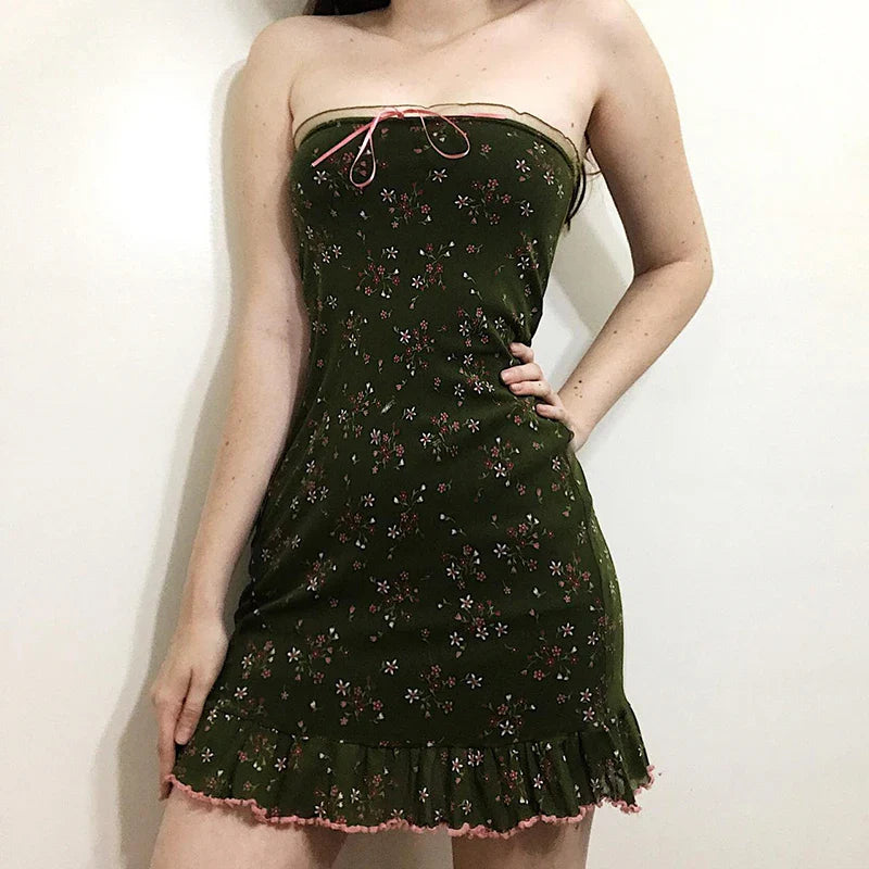 YESMYTOOL  -  Vintage Fashion Floral Printed Bodycon Summer Dress Ruffles Ruched Strapless Party Dress Mini Women Coquette Clothes