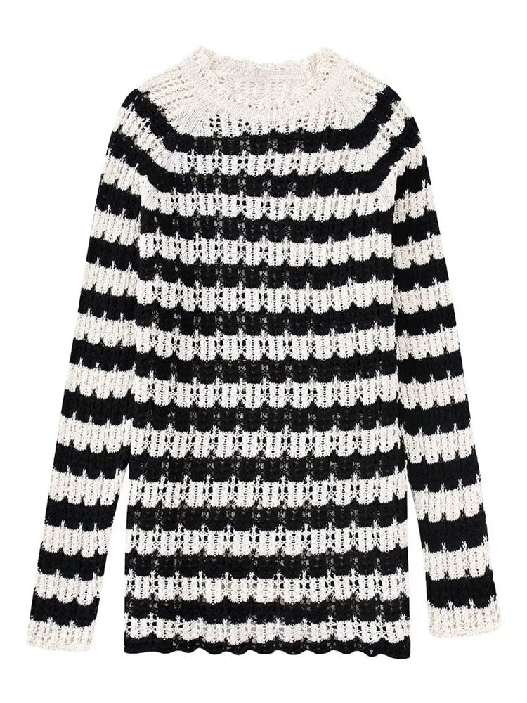 Black White Striped Knitted Short Dress Autumn Woman Hollow Out Crochet Dresses Female Fashion High Street Knit Mini Dress