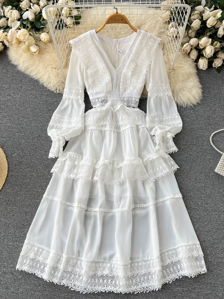 Summer Lace Hollow Out White Dress Women Elegant V-neck Beach Holiday Style Dress Lady Sexy Backless Long Dress