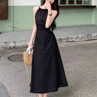 Summer Halter Cut-out Sleeveless Tassel Hem Holiday Beach Women Long Dress