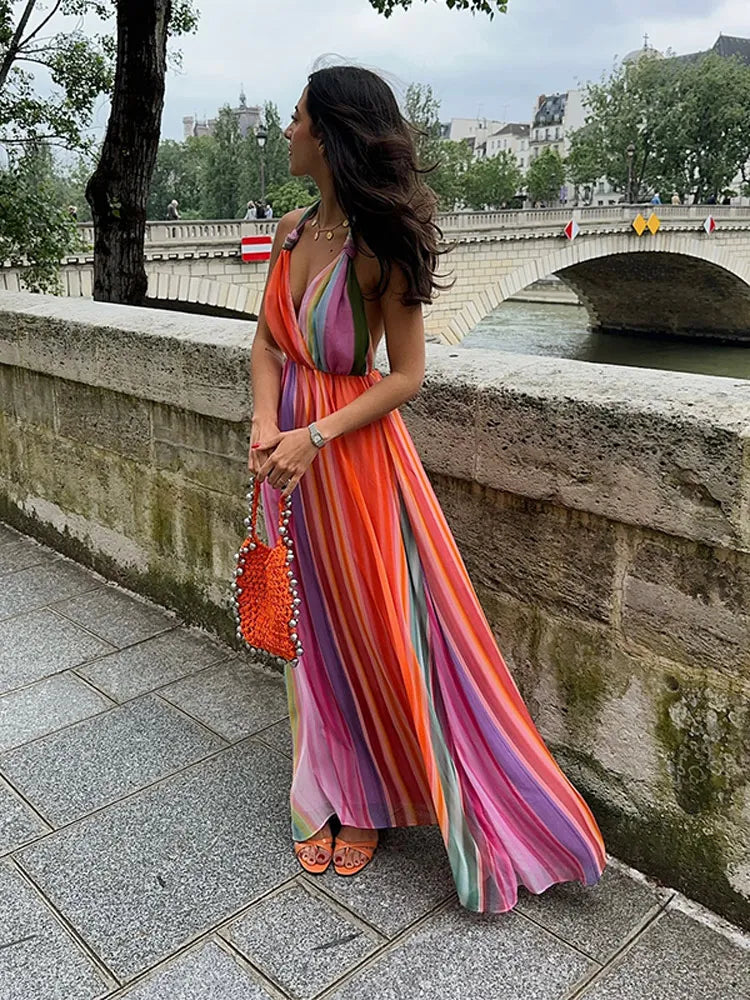 YESMYTOOL  -  Sexy Deep V-neck Colorful Halter Dress Fashion Sleeveless Backless High Waist Maxi Dress 2024 Summer Lady Beach Vacation Robes