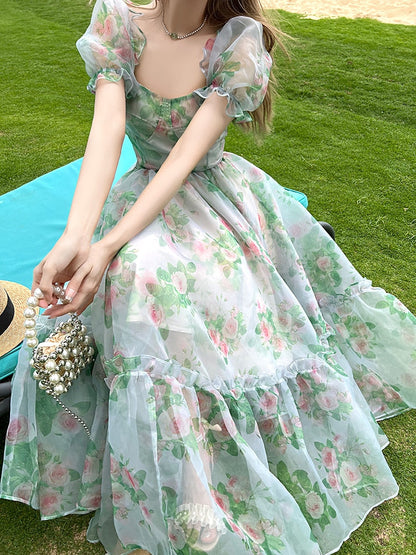 Vintage Floral Evening Midi Maxi Dresses for Women Elegant Casual Party Prom Green Holiday Princess Fairy Long Dress Summer