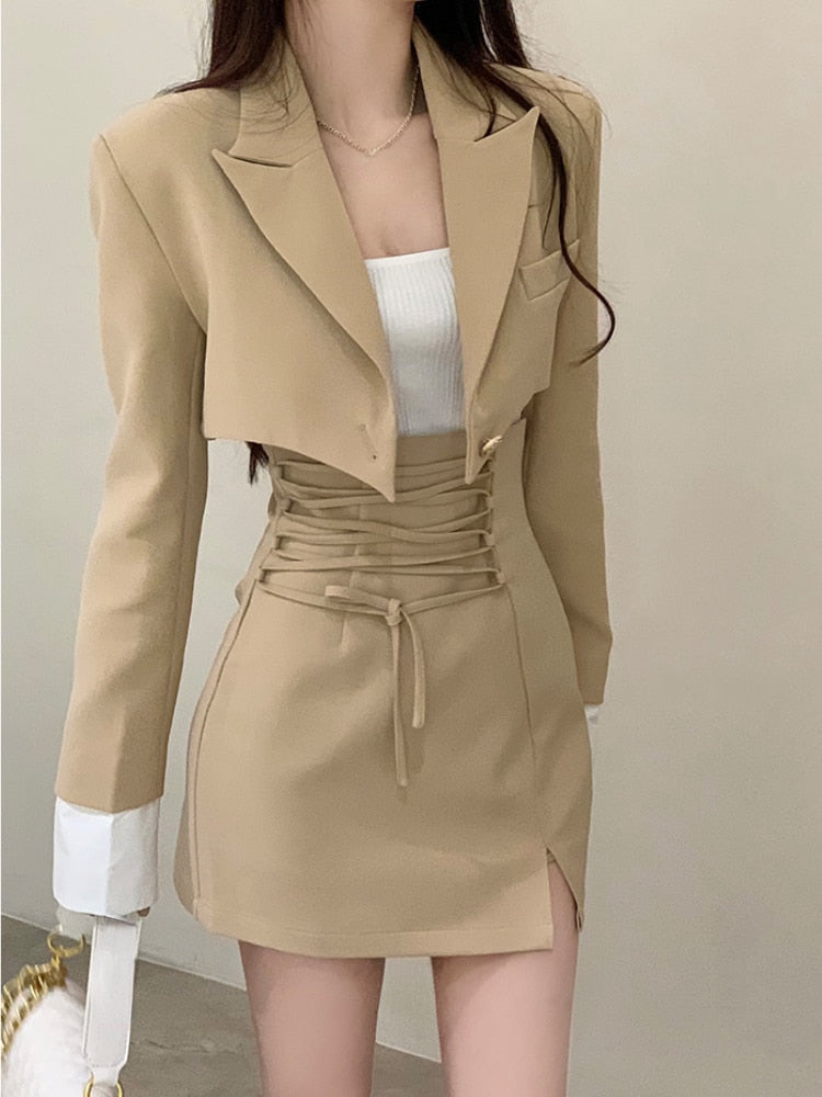 2 Piece Dress Set Women Casual Y2k Crop Tops Elegant Jacket Coats + Mini Skirts Korean Fashion Suits Autumn Blazers Dress