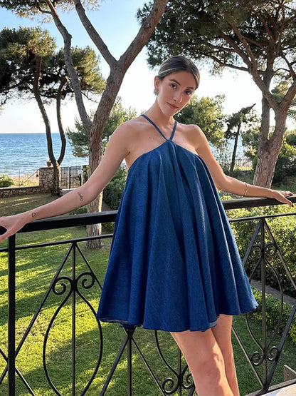 YESMYTOOL  -  Sexy Blue Pleated Halter Mini Dress Fashion Backless Sleeveless Loose A-line Dresses 2024 Summer Lady Chic Beach Vacation Robes