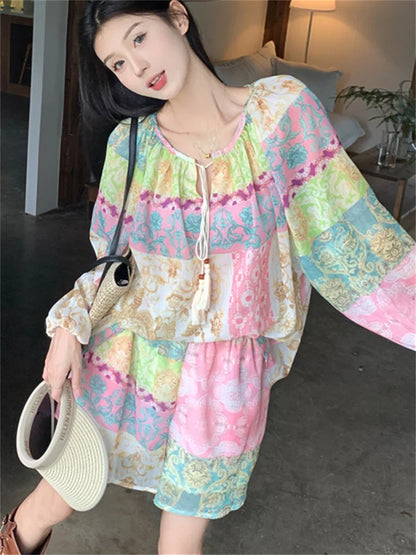 dingdamall  -  Sunscreen Printed Vintage Women Sets New Blouses India Folk Gentle Summer Full Sleeve Stylish Chic Casual Suit Shorts