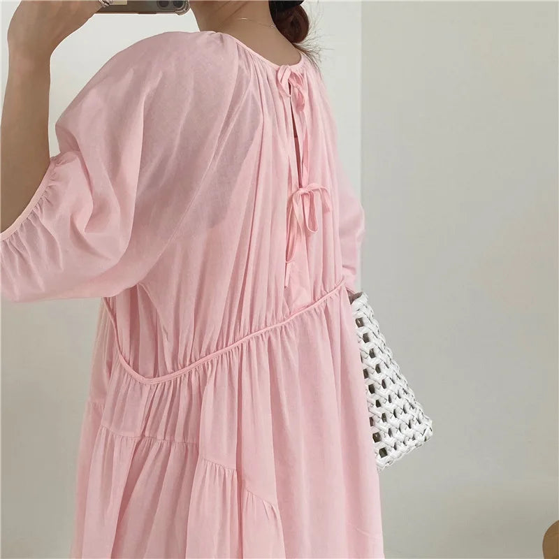 YESMYTOOL  -  Causal Puff Sleeve Cotton Dress Women Round Neck A-line Long Dresses Loose Birthday Party Dress Korean Fashion Beach Sundress