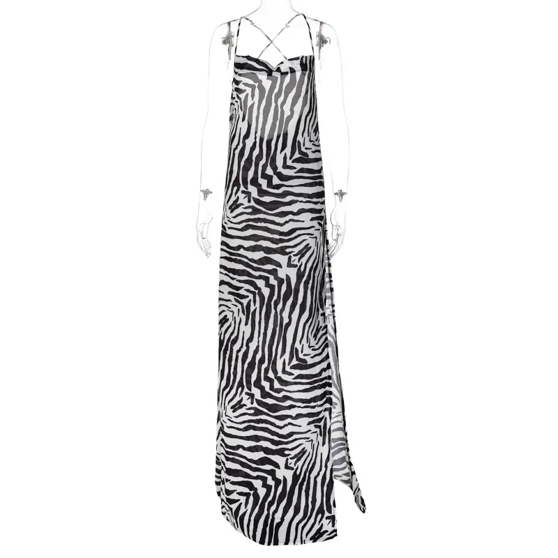 YESMYTOOL  -  Zebra Stripes Printed Strap Maxi Dress Elegant Party Beach Vacation Robe 2024 Summer New Fashion Sexy Backless Split Vestidos