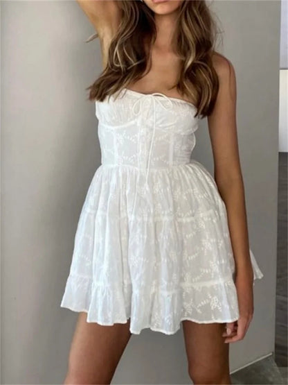 Women Summer A-line Mini Dress Lace Strapless Off Shoulder Tie-Up Buttons Dress Fashion Backless Female Vestidos