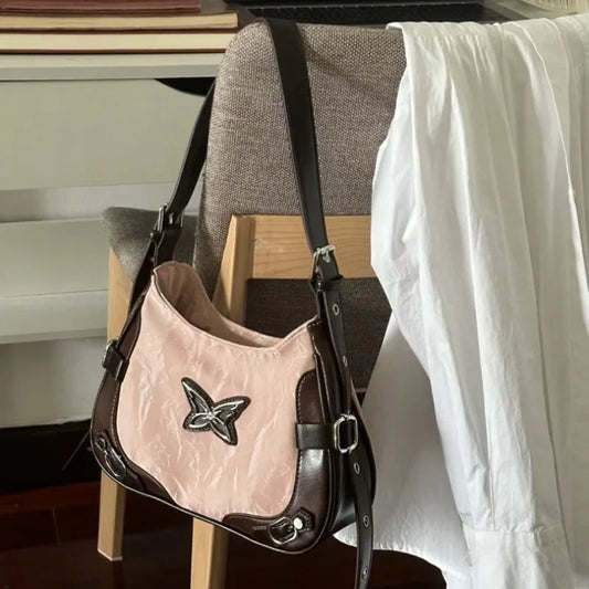 Y2k Womens Shoulder Bag American Vintage Style Contrast Color Fashion Handbag Butterfly Harajuku Pink Ladies Armpit Bag