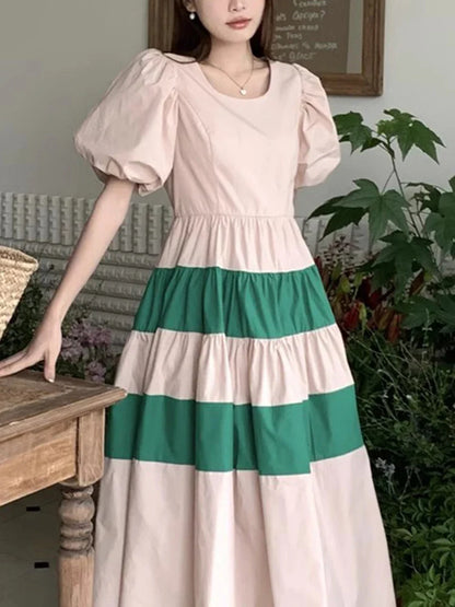 YESMYTOOL  -   Beautiful O Neck High Waist Loose Contrasting Color Patchwork Pleated Bubble Sleeve Women's Dress 2024 Spring Summer U9245