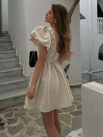 YESMYTOOL  -  Sweet Solid Puff Short Sleeve Women Mini Dress Elegant V-neck Backless Pleated A-line Dresses 2024 Summer Lady Party Club Robes