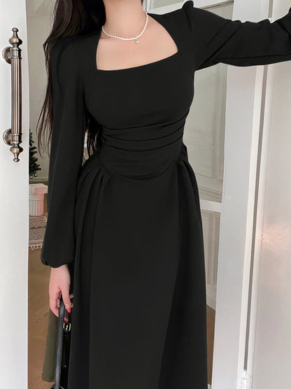 Folds Puff Sleeve Corsets Women Midi Dress Sexy Elegant Bodycon Autumn Elegant Party Casual Lady Long Dress Streetwear