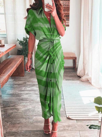 Spring Summer New Temperament Fashion Printed Long Dress Waist Tie-up Shirt Dress Streetwear Woman Clothes Robe Evening Dresses