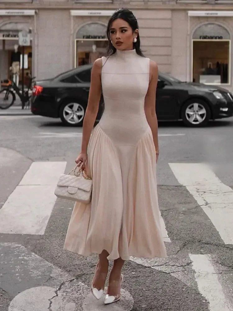 YESMYTOOL  -  Elegant Sleeveless Women Midi Dress Fashion Slim Half High Collar Pleated Hem A-line Dresses Summer Female Solid Commuting Robe