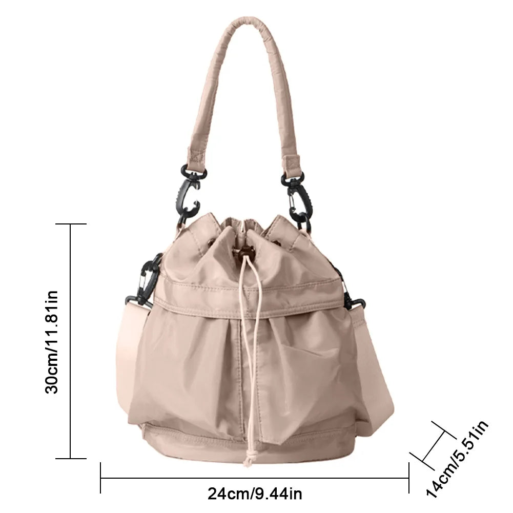 Bucket Bag for Women Nylon Solid Color Crossbody Bag Fashion Drawstring Top-handle Handbag Casual Large Capacity Commute Bag