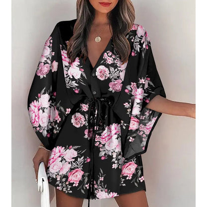 Summer Boho Mini Dress Women Flora Print Batwing Sleeve Lace-Up V Neck Loose Button Dresses Ladies Beach Party Dress Vestido